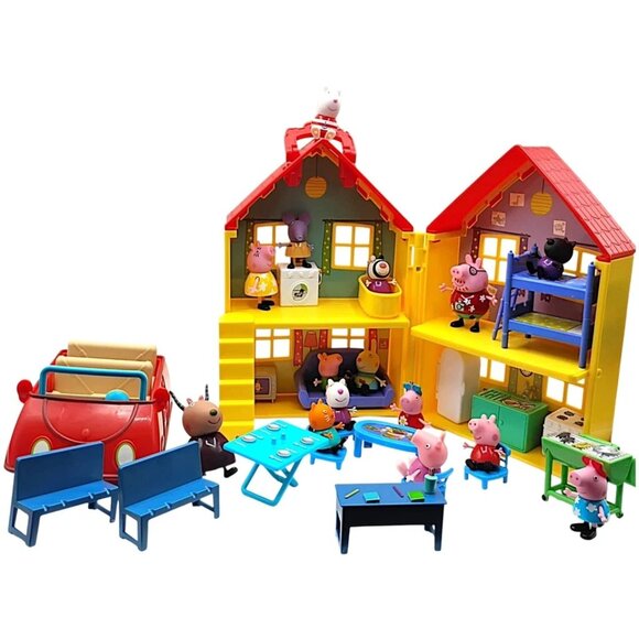 Peppa Pig Deluxe Folding House Playset COMPLETE + Figures Vehicle Furniture Lot - Picture 1 of 13